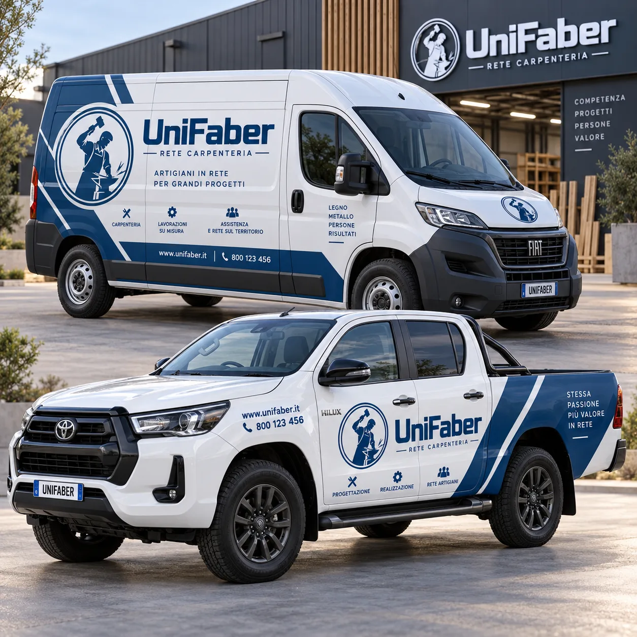 Veicoli brandizzati UniFaber presso una sede